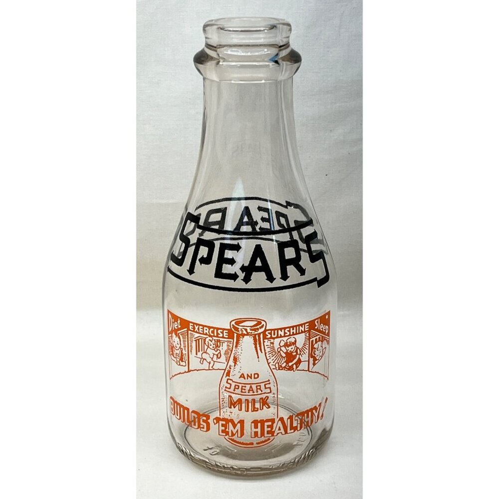Spears Builds 'em Healthy Diet Exercise Sunshine Sleep Glass Milk Bottle